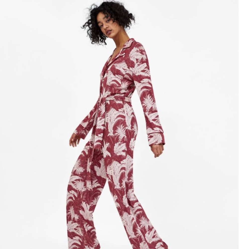 NWT Zara red floral jacquard stretch jumpsuit